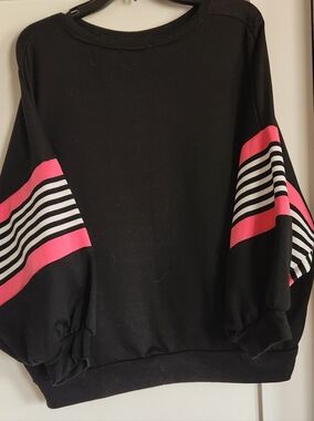 Say What? Black Sweatshirt with Pink and White Striped Balloon Sleeves